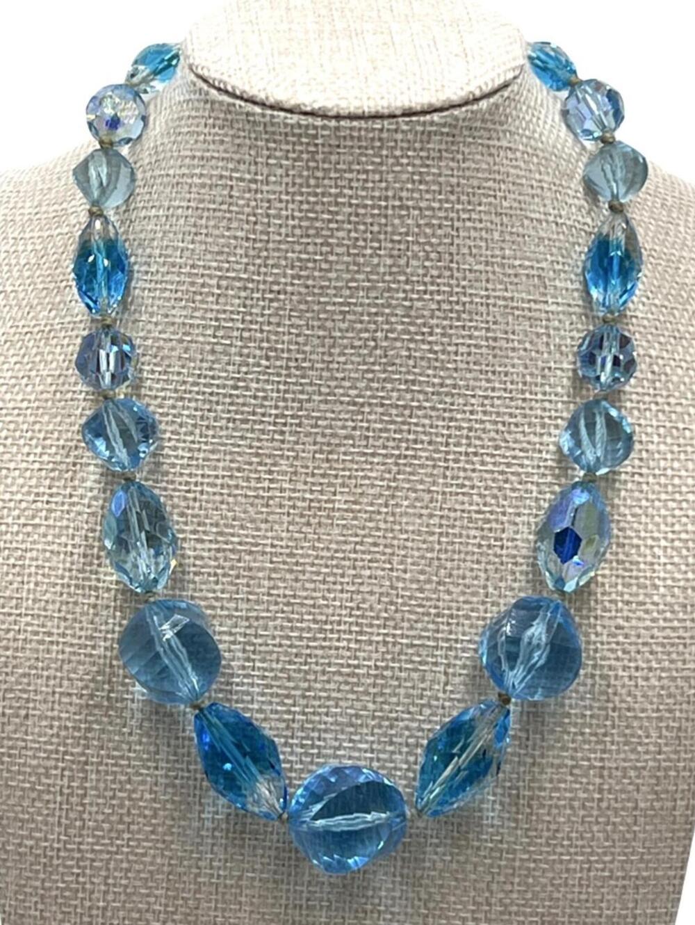 Vintage Czech Blue Glass Bead Faceted and Graduated Necklace